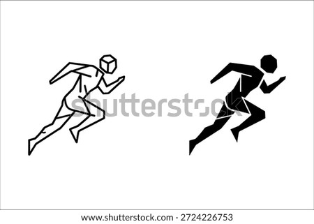 Two runners in black and white silhouette style racing with a cube above one of them running race