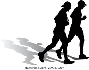 two runners with caps and shadows silhouette vector