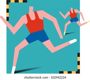 Two runners in a race with checkered bars