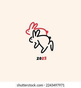 Two running Bunnies. Outline rabbits. Hand drawn trendy Vector illustration. Cute simple cartoon creatures. Icon, logo, print template. Isolated icon. New year 2023 symbol. Pre-made card