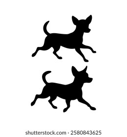 Two running chihuahua dog silhouette vector flat illustration design on white background.