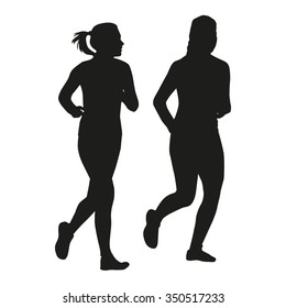 Two running girls talking. Vector silhouette