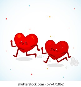 Two running hearts, competition, the concept of couple relationships, cartoon characters, humor illustration.