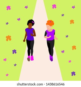 Two running little girls on their way across the meadow. Two kids in colorful sport costumes. Diversity people, healthy lifestyle. Vector illustration.