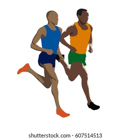 Two running men, marathon training. Vector illustrations