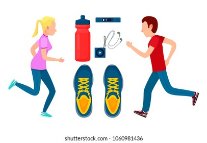 Two running sportsmans, workout colorful banner vector illustration, man and woman, items for sportsman, sneakers and bottle, mp3 player, pulse sensor