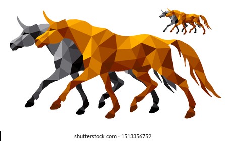 two running unicorn, vector-isolated amber image on white background in low poly style 