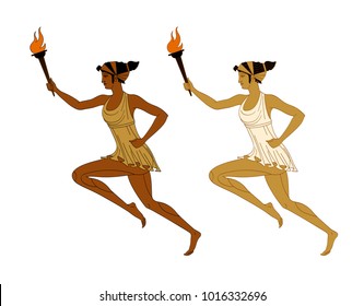 Two running women with a burning torch in their hands in Greek style. Marathon. Vector. Isolated on white background