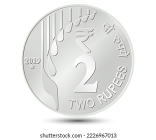 Two Rupees coin of India. Coin side isolated on white background.	Vector.