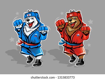 Two Russian bears wrestler isolated on background. Brown and polar bears in red and blue tracksuit. Vector illustration.