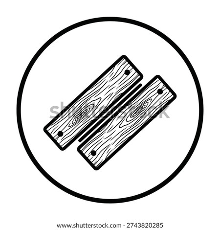 Two rustic wooden planks with visible grain patterns and handcrafted nail holes resting diagonally against a minimalist circular border for a vintage workshop aesthetic