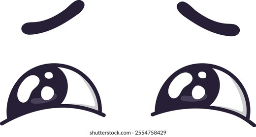 Two sad cartoon eyes are expressing sadness, looking down with eyebrows slightly raised and tears forming at the bottom of the irises, creating a melancholic and empathetic mood