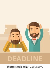 Two sad face hipster Caucasian gentlemen with beard has a big problem because they failed to submit their project  on time with their hands raising. Disappointed, miserable concept.