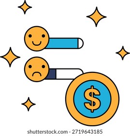 Dos caras tristes con un Iniciar sesión en el medio. El signo del dólar está rodeado de estrellas. Concepto de tristeza y pérdida