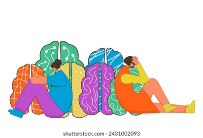 Two sad girls sitting near different brains. Neurodiversity symbol. ADHD and autistic characters. Brainstorming, creative thinking. Human minds metaphor. Vector illustration isolated on white.