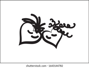 Two sad hearts in the form of a boy and a girl. Black and white vector illustration.