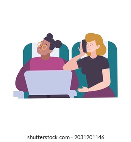 Two sad passengers on their seats in airplane flat vector illustration