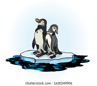 Two sad penguins sitting on a melting ice in a midst of polluted sea. Global pollution problem. Vector illustration about ecological problem.