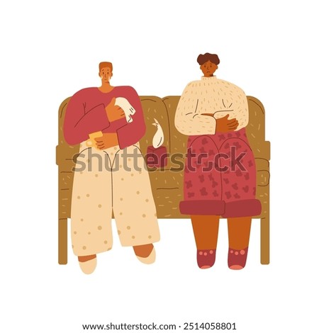 Two sad people sitting on coach isolated on white background. Bad relationship.Young men crying at home. Vector hand drawn illustration