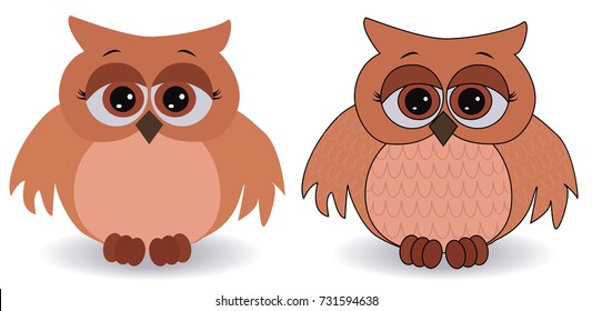 Two sad pink owls with surprised eyes and splayed wings, with a pattern on the sternum and wings