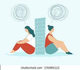 Two sad women in quarrel sitting back to back. Between them wall. Concept of problems in partnership, friendship and love relationships. LGBT couple. Flat vector illustration isolated.
