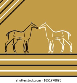 Dos siluetas de estalliones ensilladas. Caballos blancos y negros parados uno frente al otro. Carrera de caballos. Derby. Caballo. El contorno de los caballos de carreras. Estilo hipster lineal a la moda. Gráficos para estable, granja.