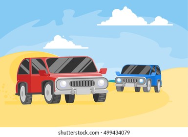 Two safari automobiles bashing through the desert dunes, vector illustration