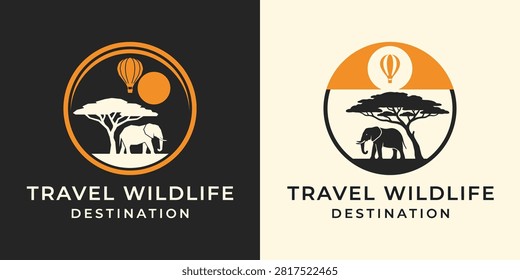 Two safari logo variations showcase a hot air balloon, elephant, and acacia tree within circular designs, ideal for travel and wildlife branding.