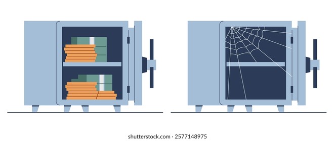 Two safes with money and empty one. Coins stack and dollar cash in metal container, finance savings, currency saving. Cartoon flat style isolated vector investment concept