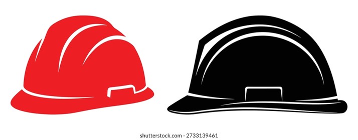 Two safety hard hats one red solid and one black silhouette simple design element construction work vector illustration