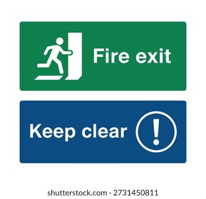 Two safety signs, one indicating a fire exit with a running person icon and the other a warning to keep clear with an exclamation mark.