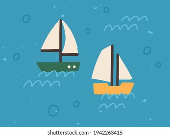 Two sailboats on sea background with water waves and bubbles. Boats with sails floating in ocean. Childish colored flat vector illustration of marine toy transport in Scandinavian style