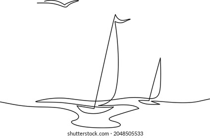 Two sailboats on sea waves. Seagull in the sky. Draw one continuous line. Vector illustration. Isolated on white background