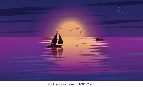 Two sailing boats float on the river during the colorful and beautiful sunset of a beautiful summer evening.Vector design illustration landscape,natural landscape graphics or flat design.