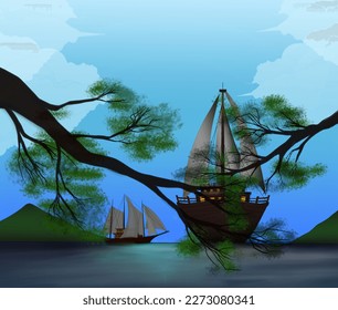 two sailing ships crossing the ocean between two mountain islands with a blue sky as a background