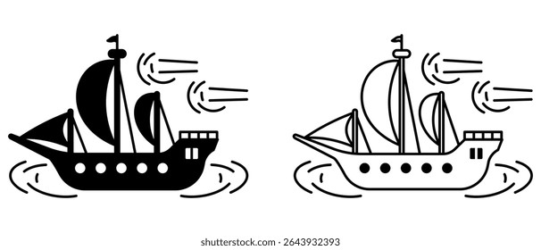 Duas naves à vela - uma sólida e outra delineada - com linhas de movimento que sugerem vento e ondas. Perfeito para temas náuticos, logotipos, ou arte marinha vintage.