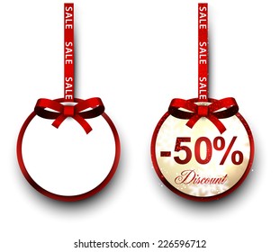Two sale and discount paper label with red bow and ribbon. Vector.