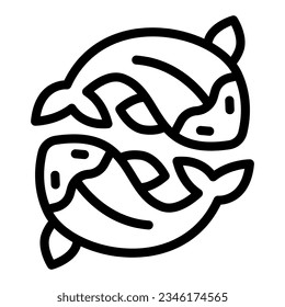 Dos salmones, pescado fresco, koi japonés, icono de la línea de carpa, concepto de cultura asiática, símbolo de vector de peces dorados sobre fondo blanco, símbolo de diseño de la web de la noción de diseño móvil de estilo de contorno. Gráficos vectoriales.