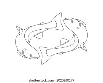 Two Salmons fish in one continuous line drawing. Wild trouts or tunas in linear sketch style for restoran, professional or amateur fishing web site. Vector illustration