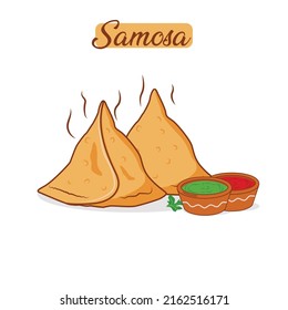 two Samosa  with  green and red sauce Chatani Indian street food. Hand drawn . Samosa is vary famous food loved by most of the Indian. Samosa vector 