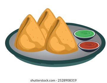 two Samosa with green and red sauce Chatani Indian street food. Hand drawn . Samosa is vary famous food loved by most of the Indian. Samosa vector 