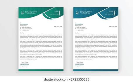 Two sample letterheads with green and blue design on white background for business correspondence