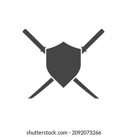 Dos samurai cruzaron espadas y protegieron emblema vectorial aislado. Armas de catana Ninja. Ilustración en blanco y negro.