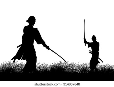 Two Samurai in duel stance facing each other on grass field