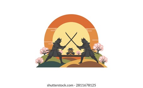 Two samurai fighters clashing swords in front of a traditional Japanese castle with blooming cherry blossom trees.