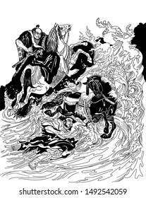 Two samurai horsemen crossing a stormy sea. One warrior with a black horse swimming in water, another man, rider on the ground, riding a white horse. Vector illustration in graphic style