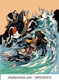 Two samurai horsemen crossing a stormy sea. One warrior with a black horse swimming in water, another man rider on land riding white horse. Graphic style vector illustration