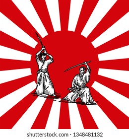 Two samurai swordman in a duel under the rising sun. Hand drawn vector illustration.