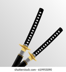 Two samurai swords on a gray background. Detailed blade, scabbard. Japanese blade, a blade in a sheath.
