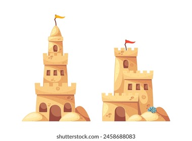 Two Sandcastles, Each Adorned With A Red Flag, Set Against The Backdrop Of A Sandy Beach, Vector Illustration